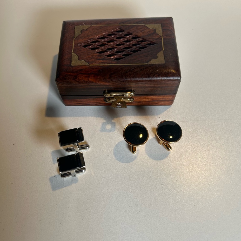VTG Men’s 2 Sets Cufflinks Black Onyx In Wooden Box